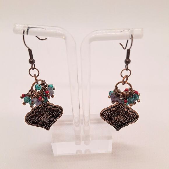Copper Dangle Earrings With Multicolor Bead Cluster - Picture 2 of 5